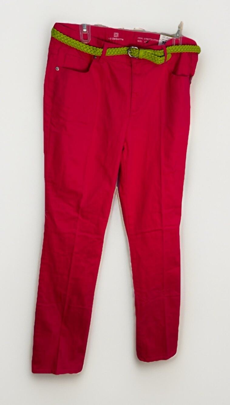 Liz Claiborne Pink Straight-Leg Pants with Green Braided Belt 14T NWT